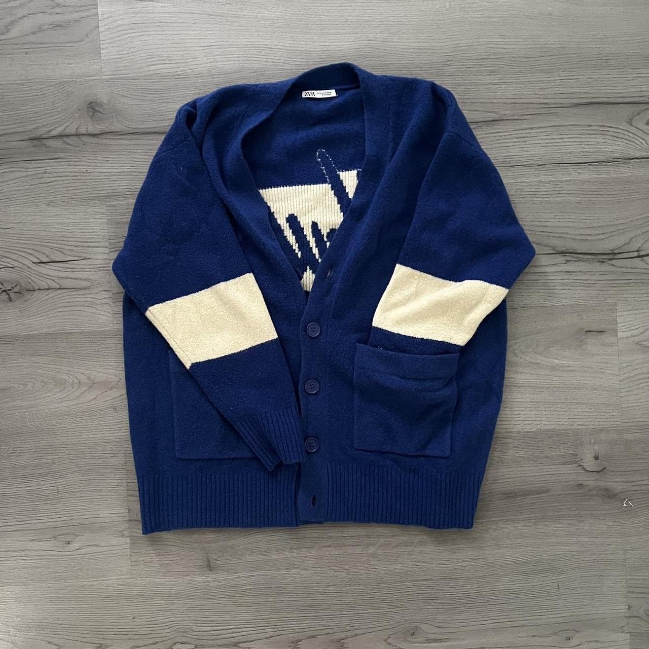 Zara Men's White and Blue Cardigan Depop