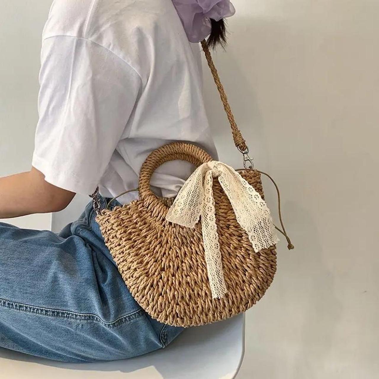 Handwoven Straw Rattan Half-Moon Beach Handbag Large... - Depop