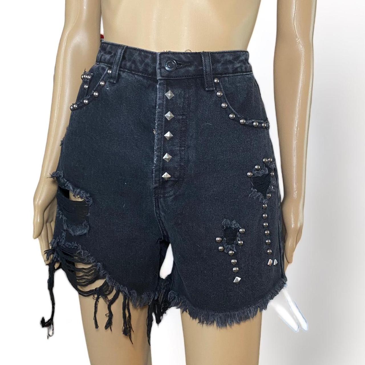 High waisted black denim studded dad shorts