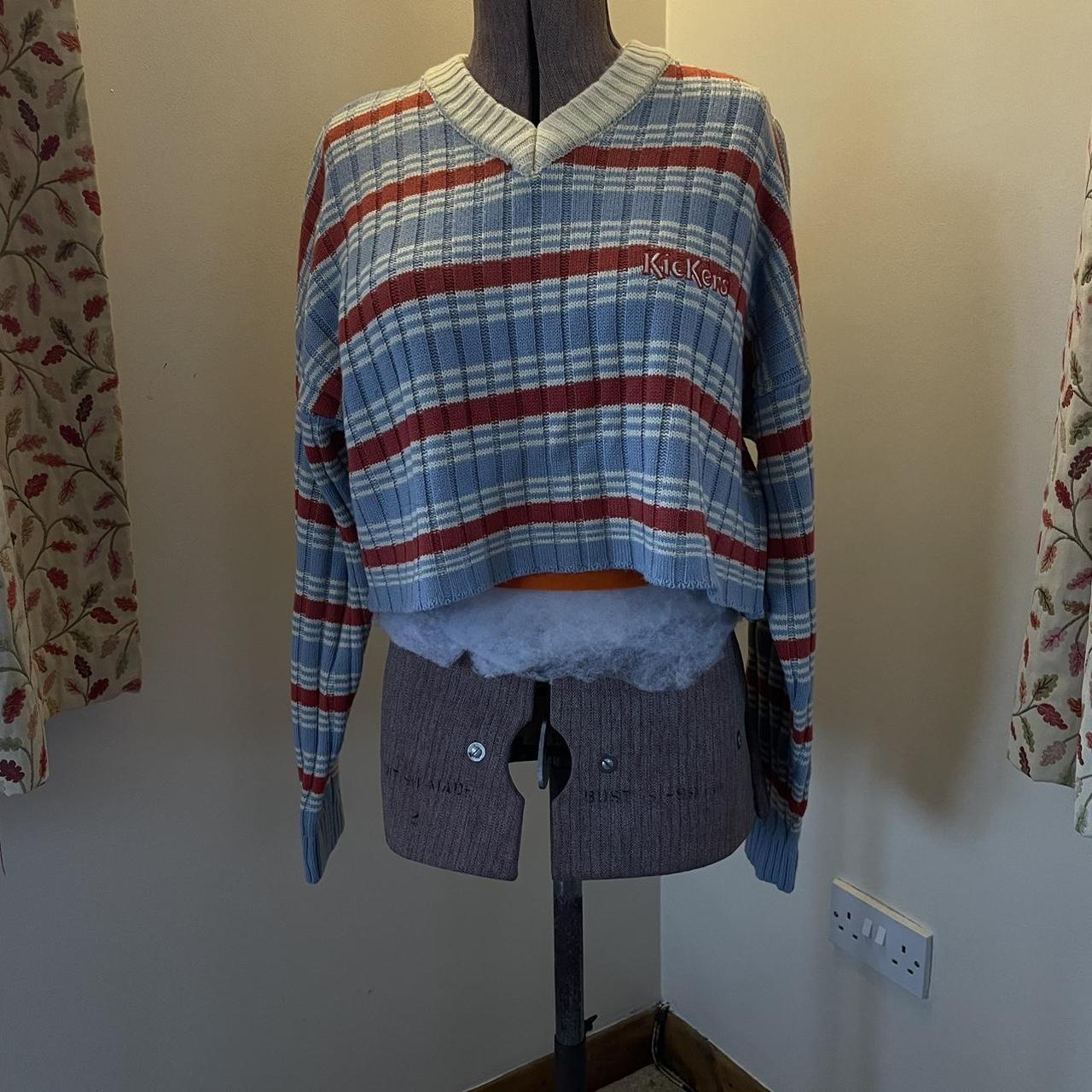 Kickers Women's Blue and Cream Jumper Depop