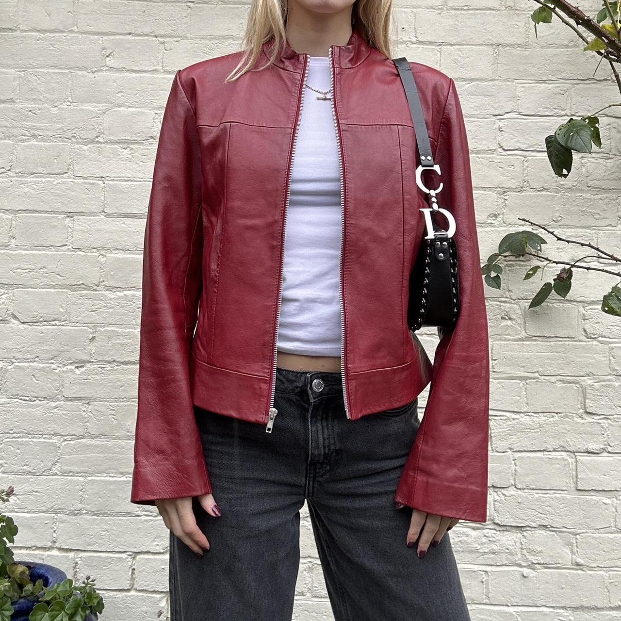 Vintage 00s red leather jacket - genuine leather -... - Depop