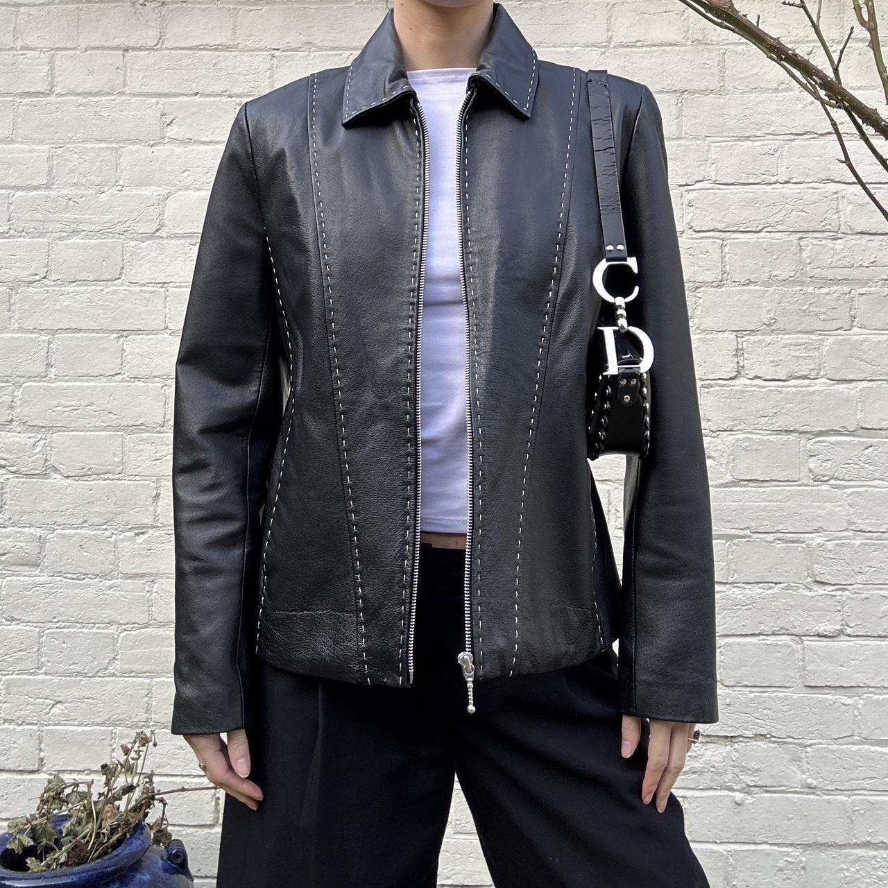 Vintage 90s black leather jacket with contrast... - Depop