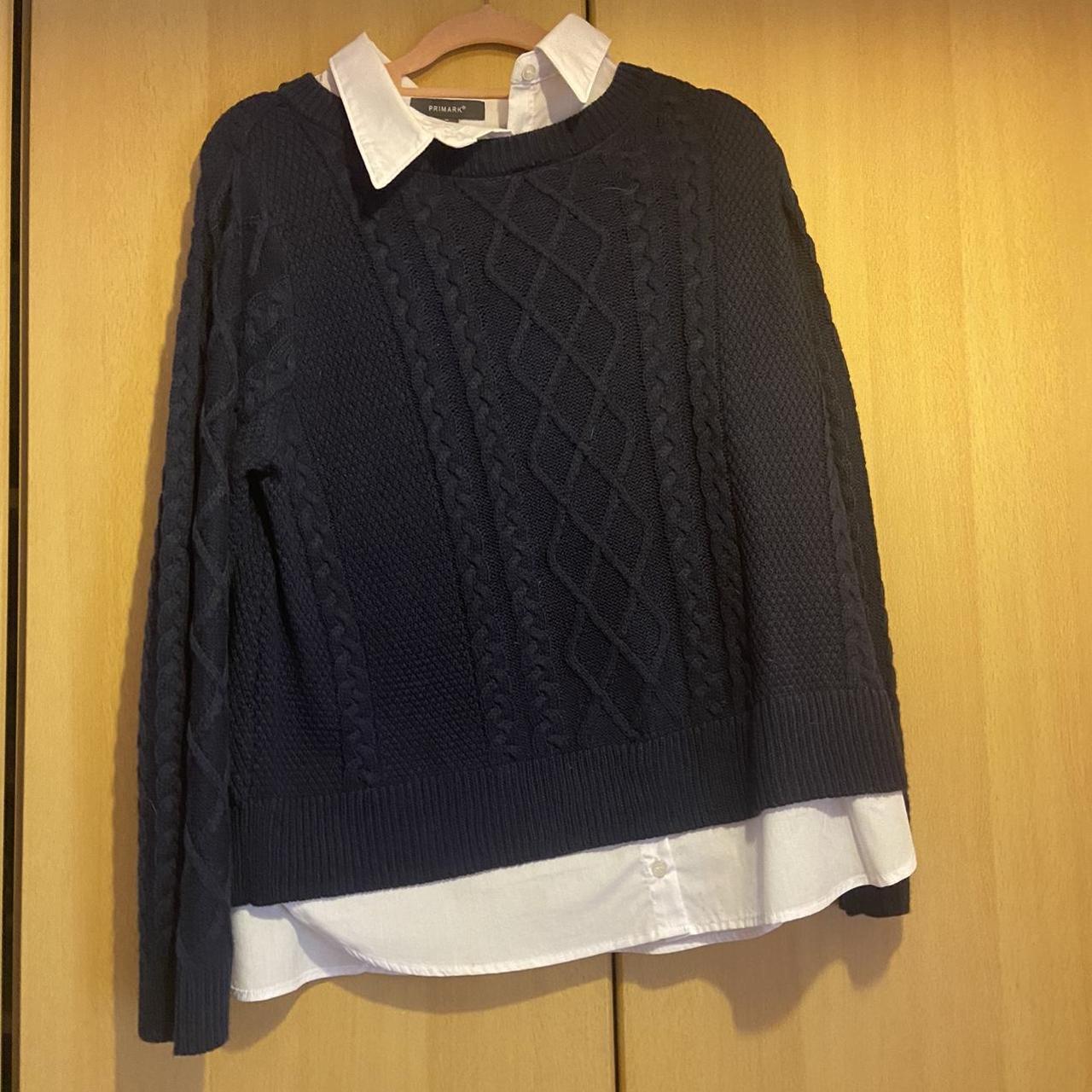 Navy knitted jumper with attached white shirt size M. Depop