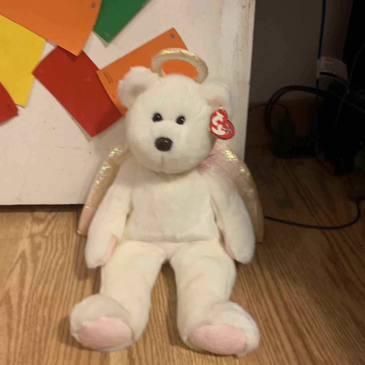 white angel bear beanie baby with holographic wings... - Depop