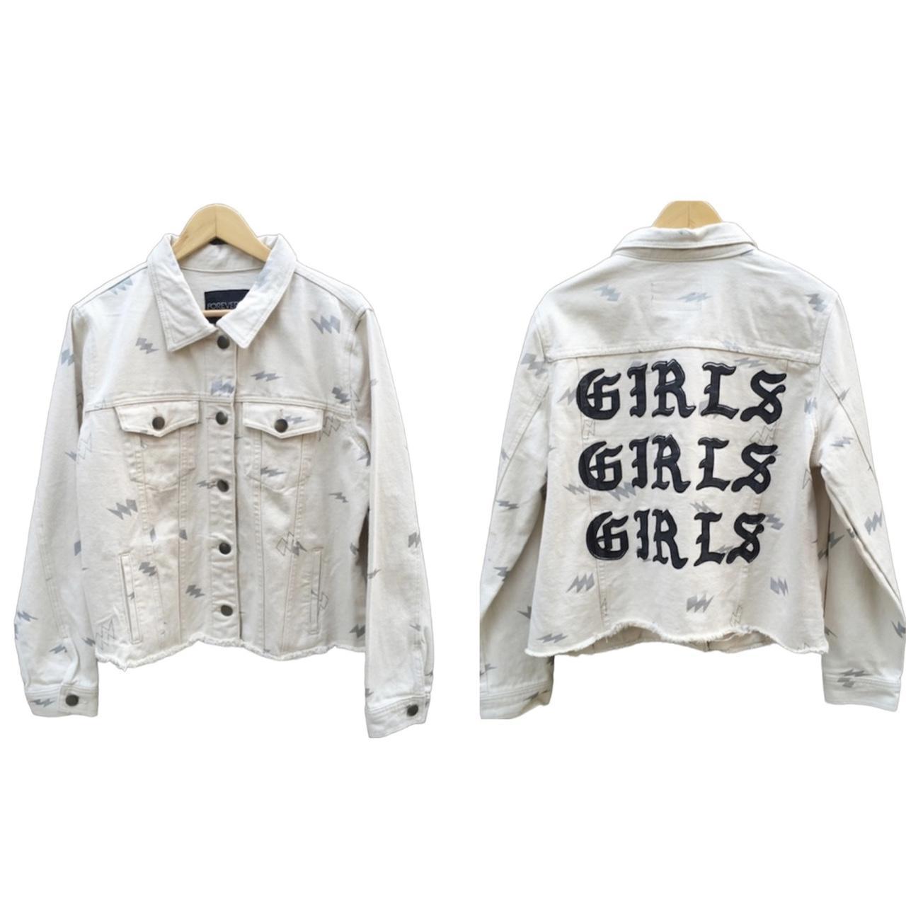 Cream Lightning Bolt Print Jean Jacket by Forever... Depop