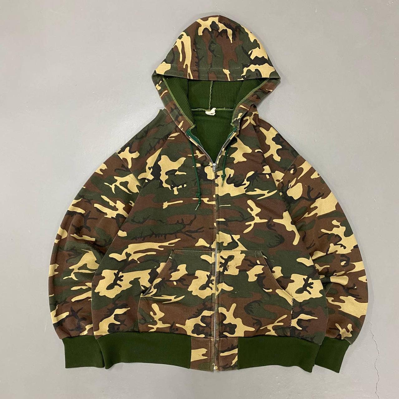 Vintage 80s Thermal Lined Camo Zip Up Hoodie Due to... - Depop