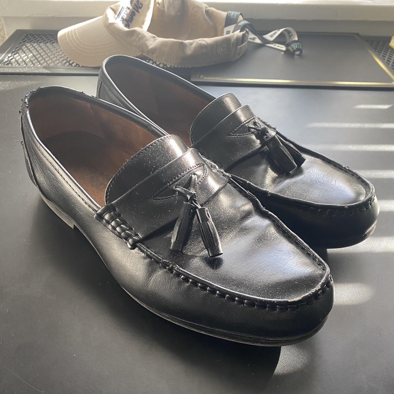 black tassel loafers. old pair of worn black leather... - Depop