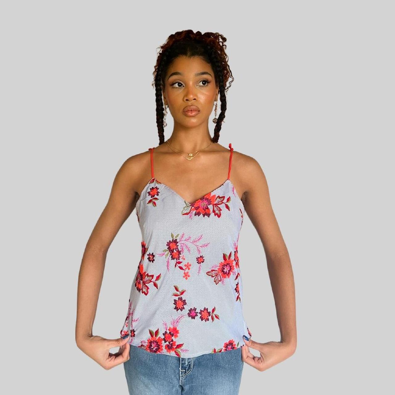 embroidered floral tank ️ orange flowers w pink and... - Depop