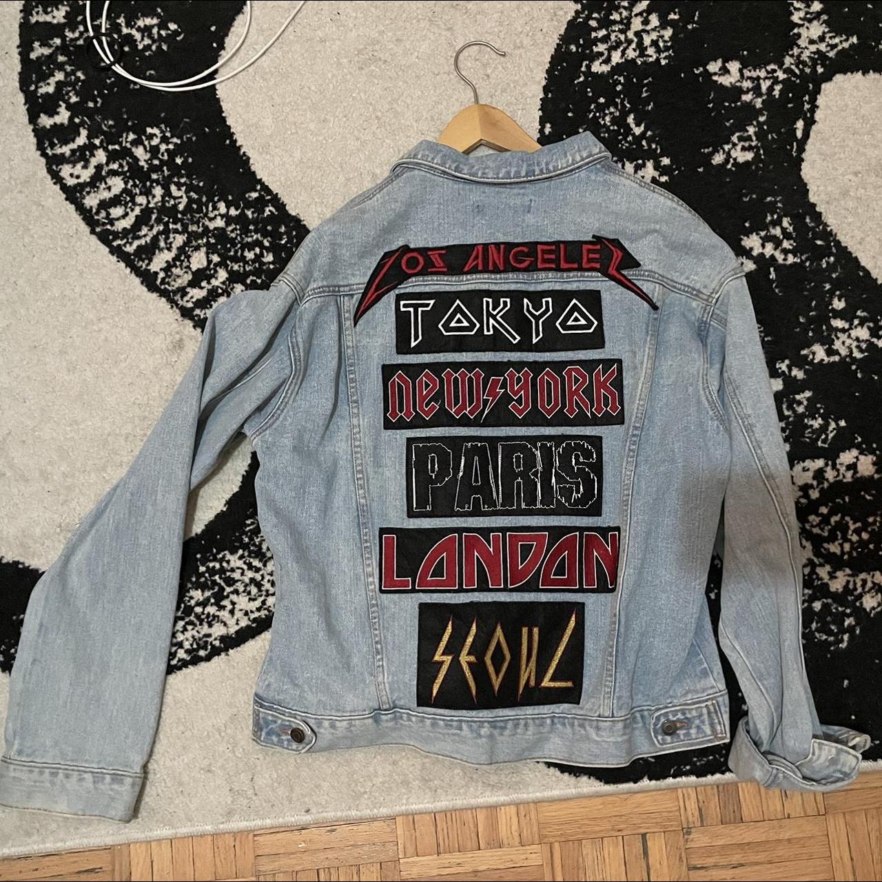 Custom denim jacket w/ cities on the back that look... - Depop