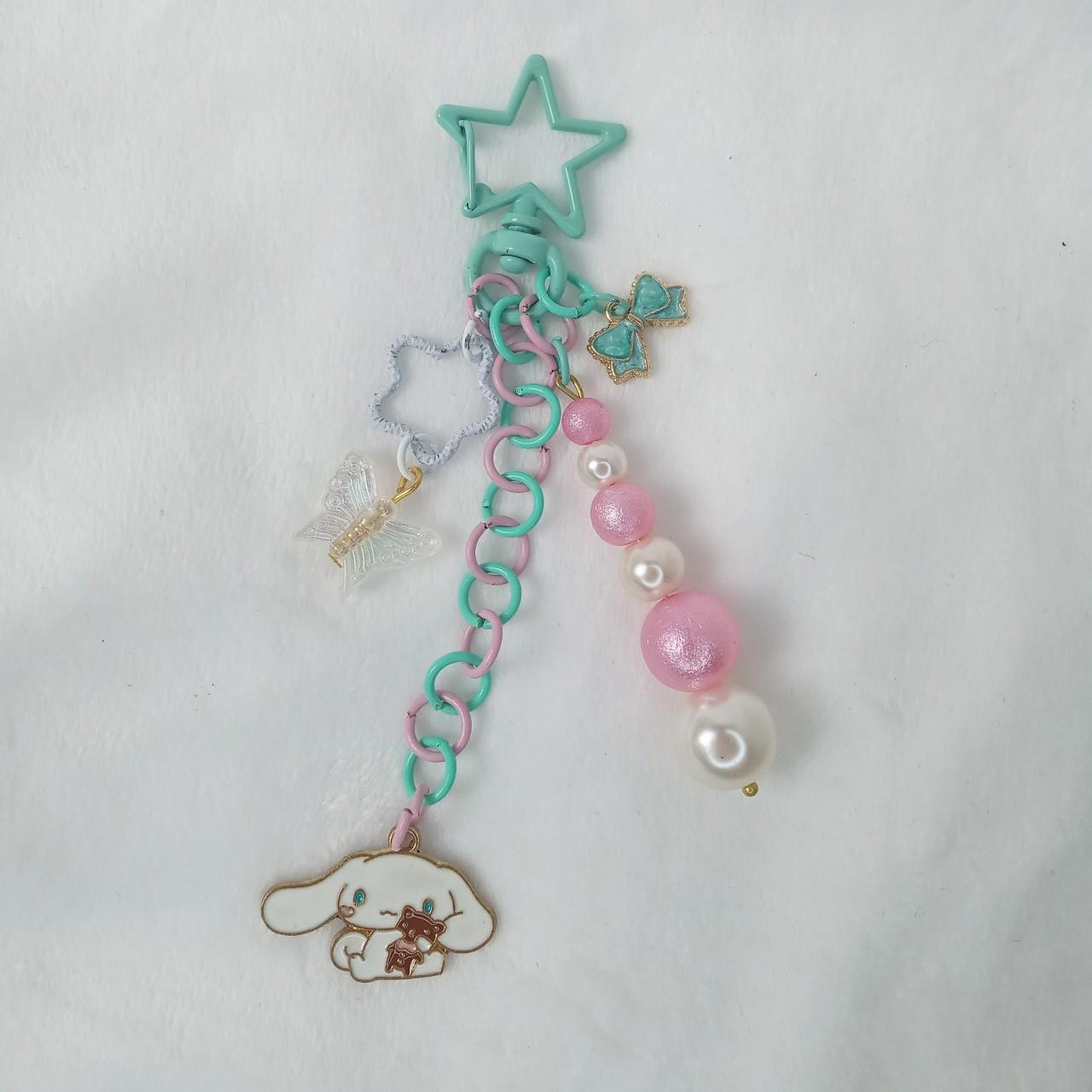 Cinnamoroll Keyring Handmade gold, pink and teal... - Depop