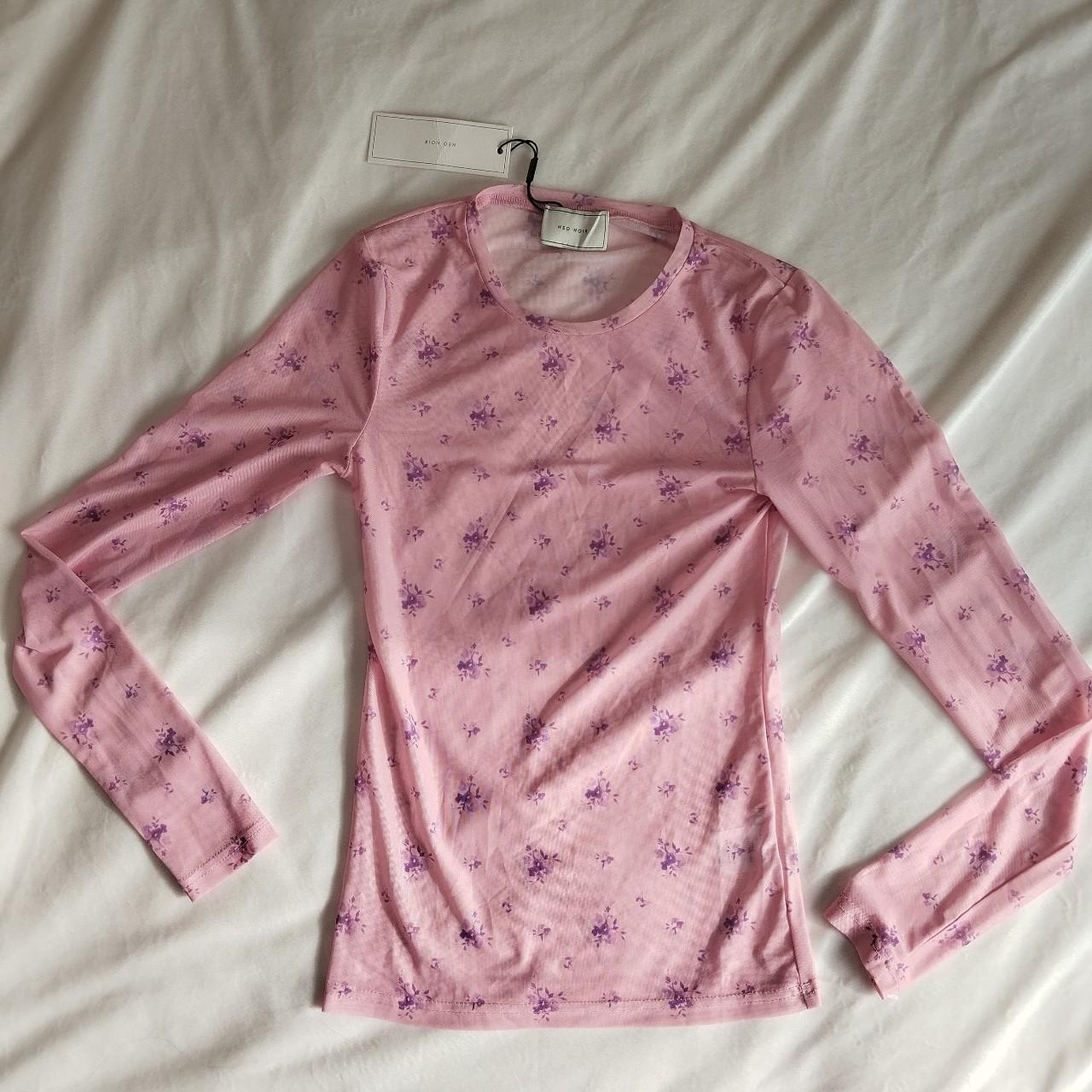 Pink Floral Mesh Top Pink mesh long sleeve top with... - Depop