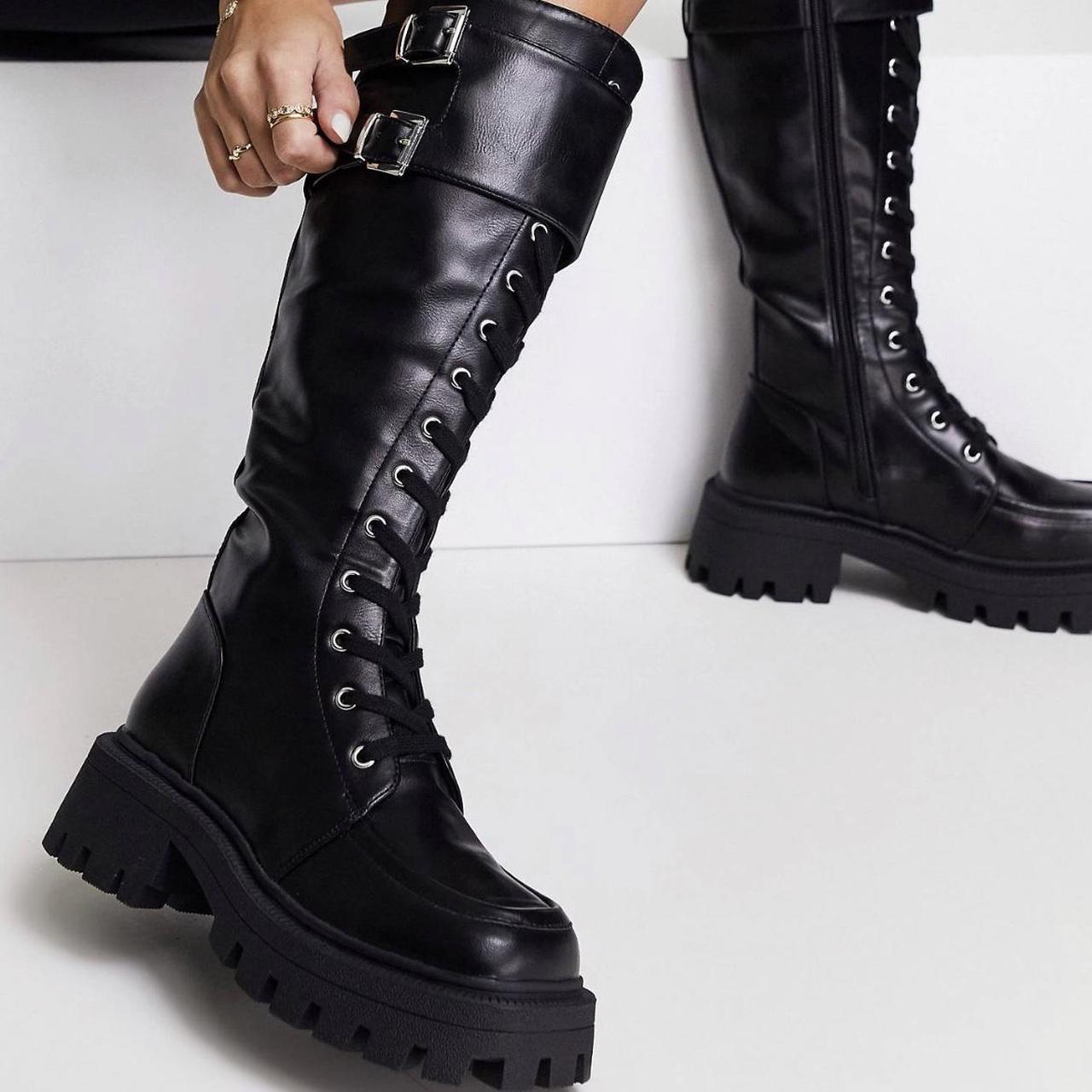asos black faux leather lace up boots UK 3 hardly... - Depop