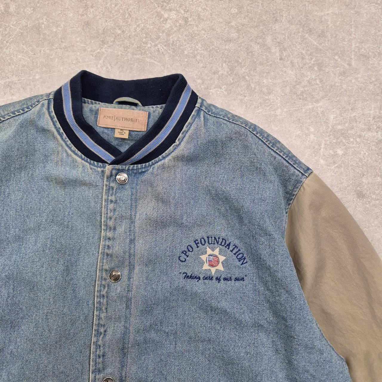 Denim varsity work jacket XL Vintage Port Authority... Depop