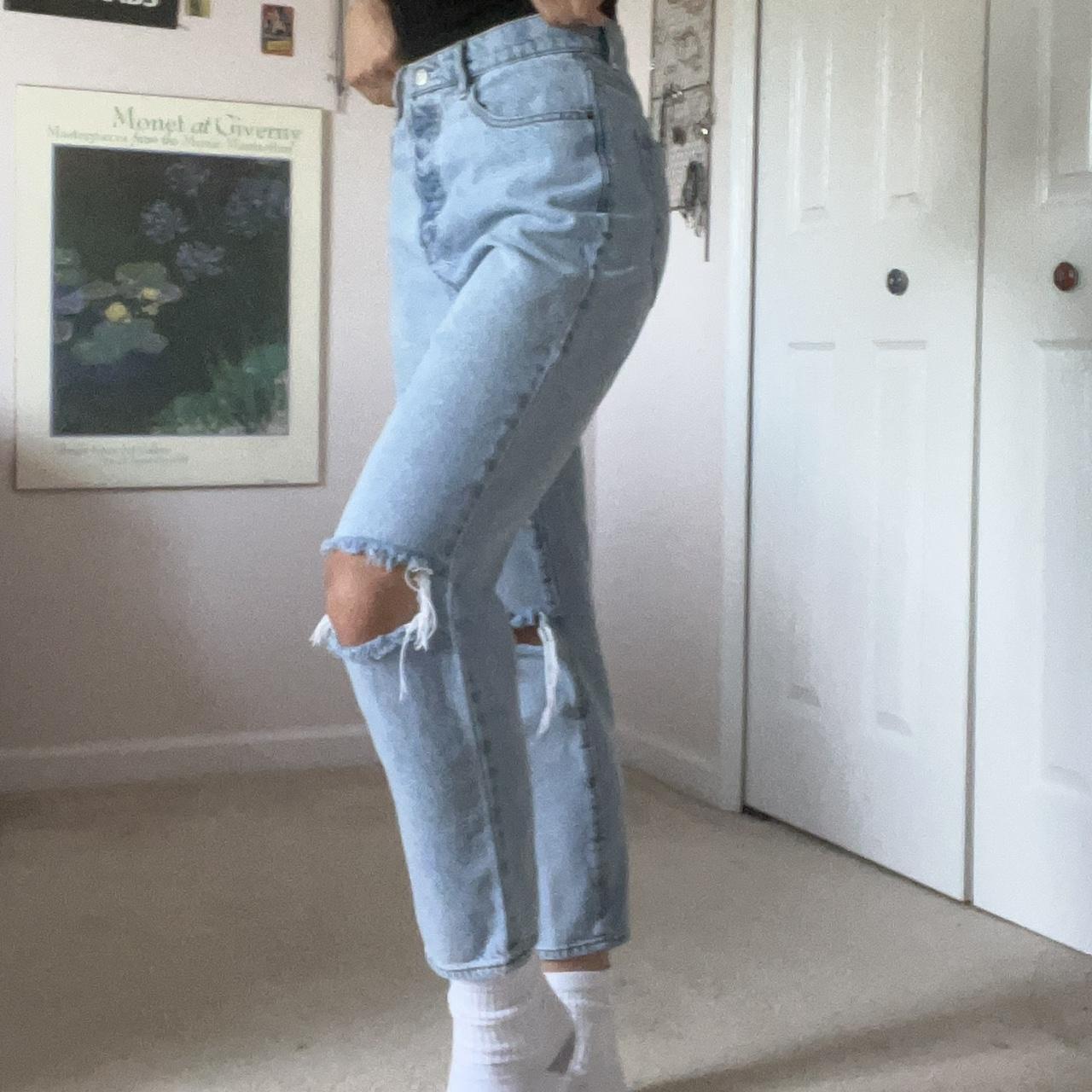 pacsun high rise straight jeans with rips at the... - Depop
