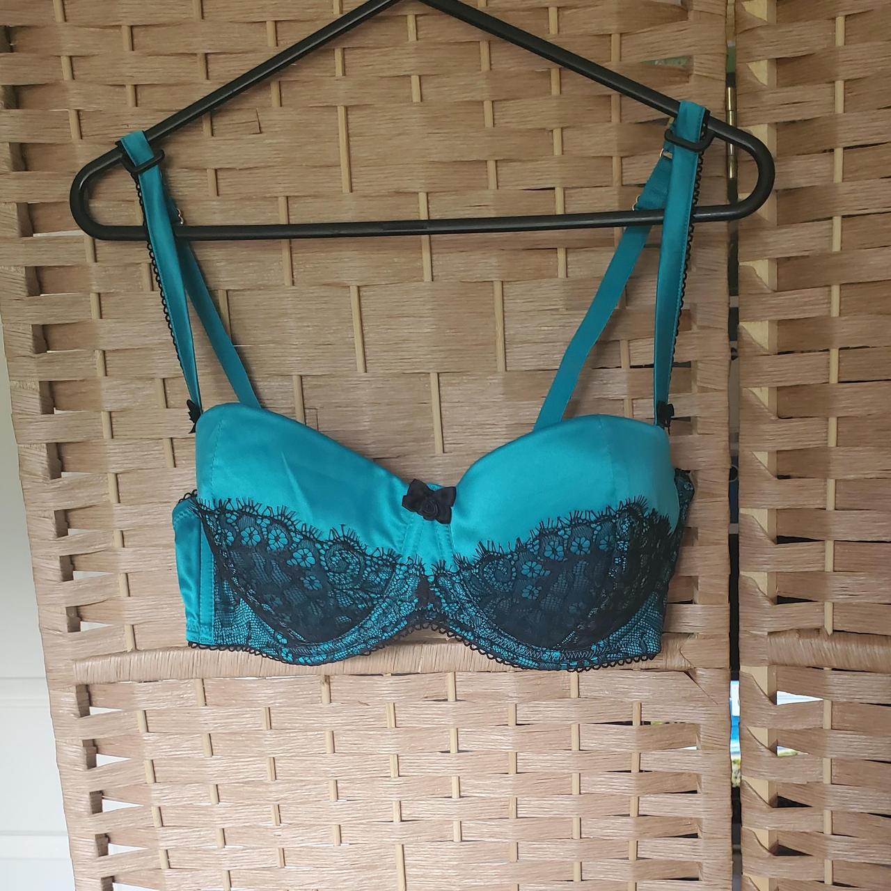 Bras N Things blue and black bra Size 12D Lacy... - Depop