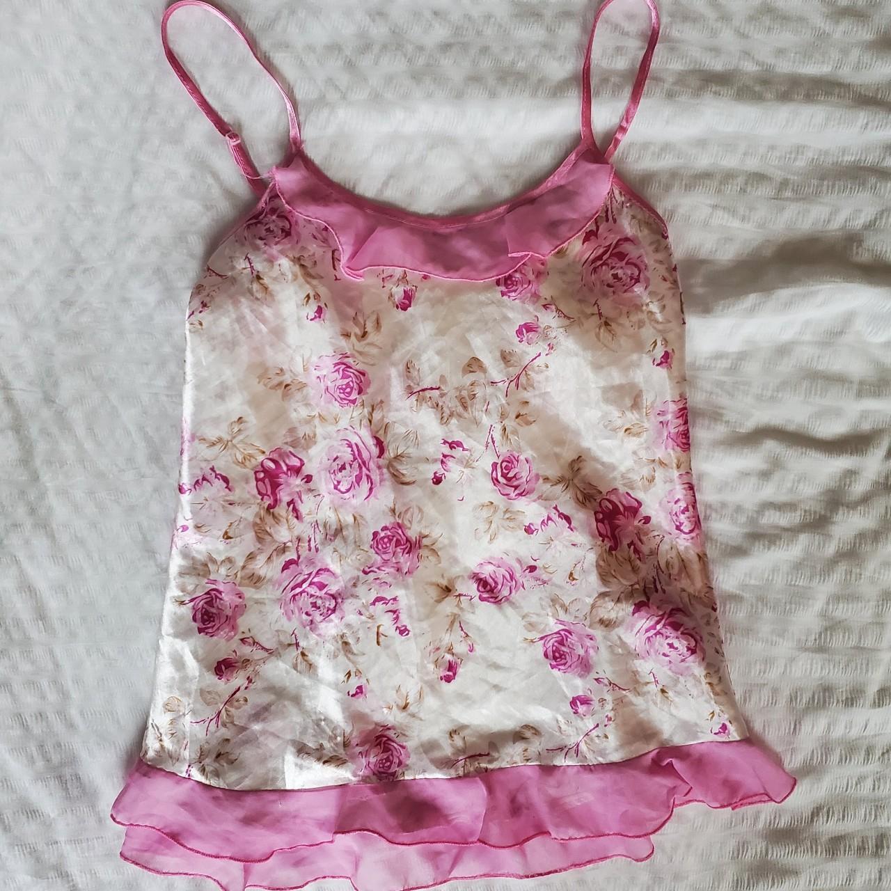 🎀 vintage pink and cream floral cami top / camisole... - Depop