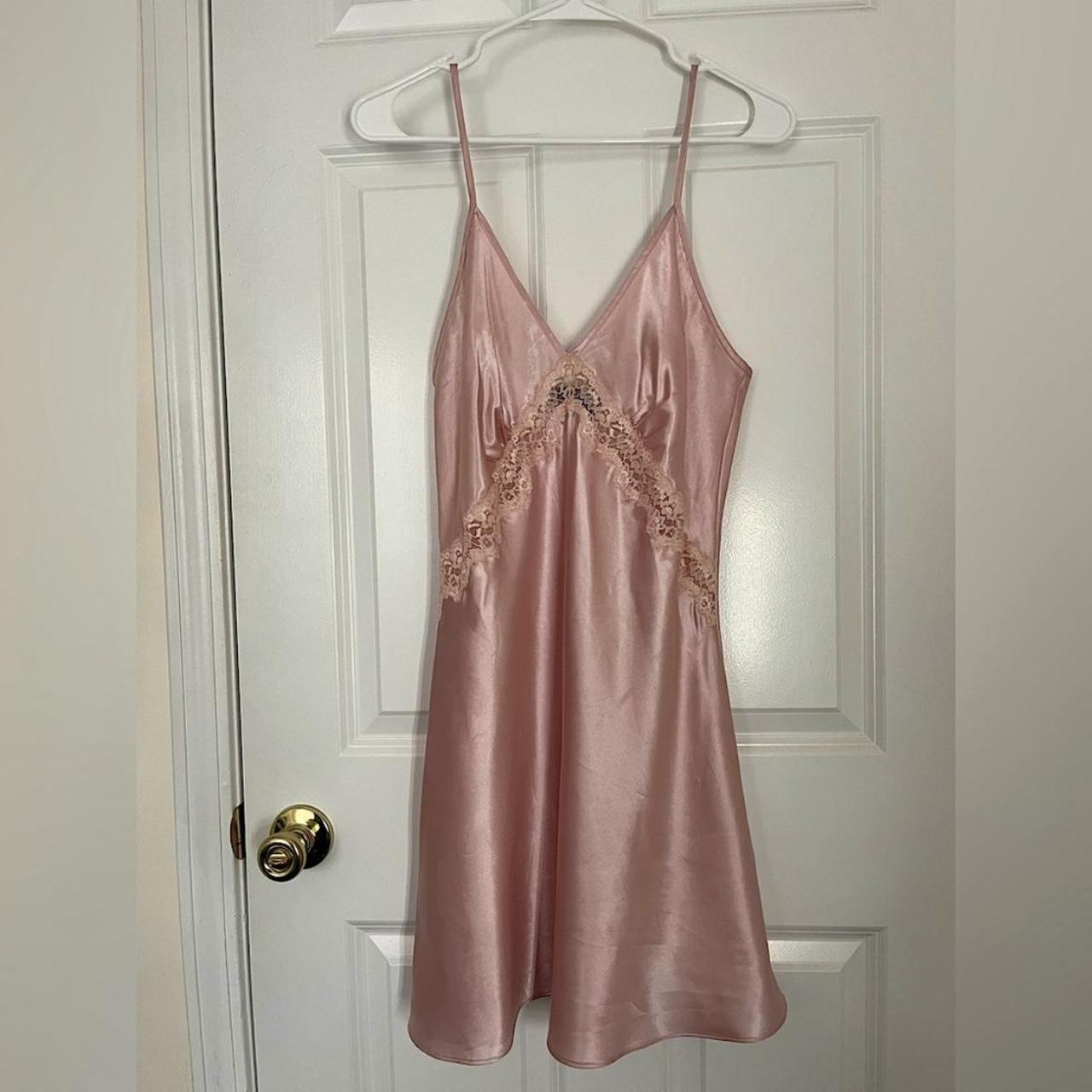 Vintage Jones New York V Neck Pink Satin Slip Dress... - Depop