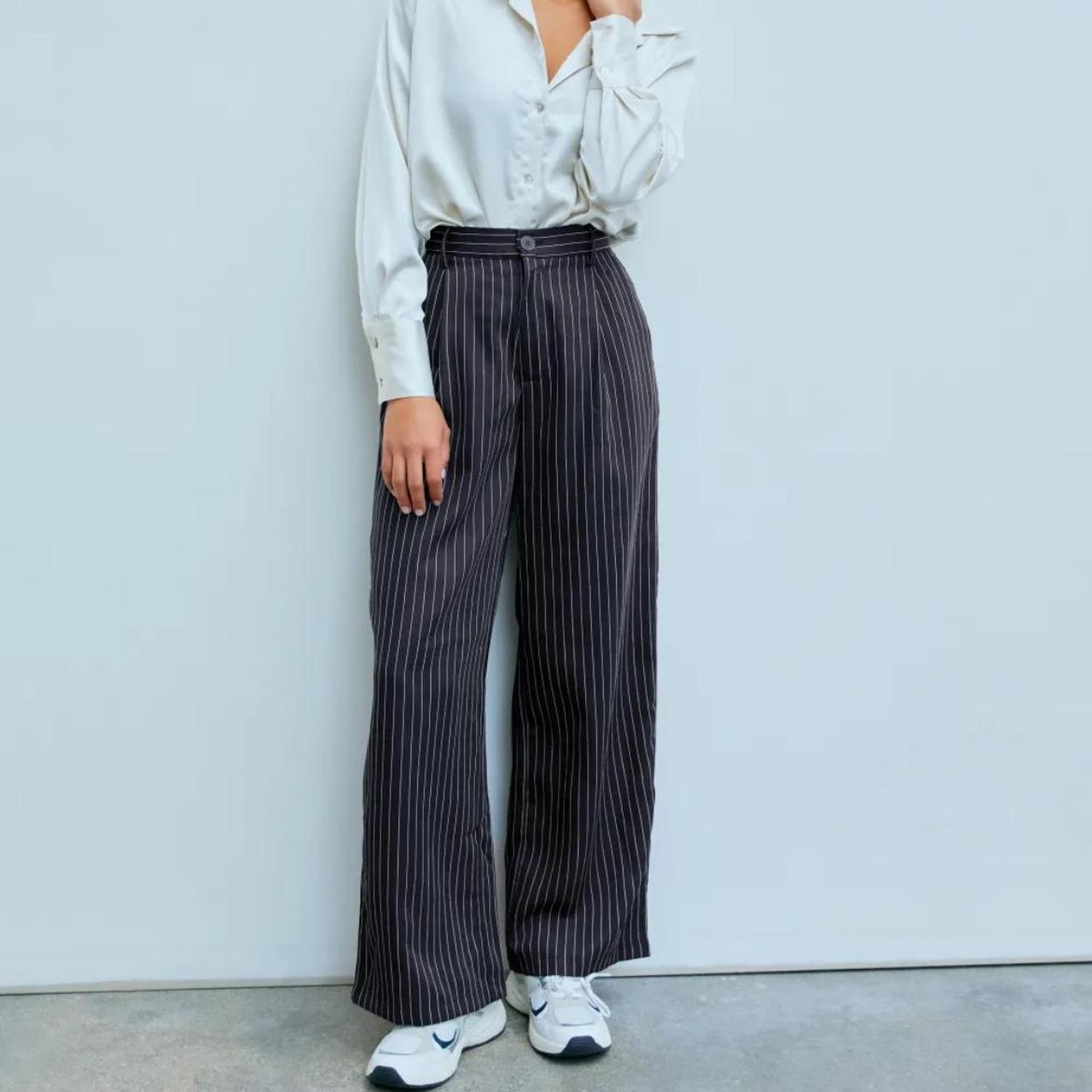 Cider Navy Blue Pin Stripe Wide Leg Trousers... Depop