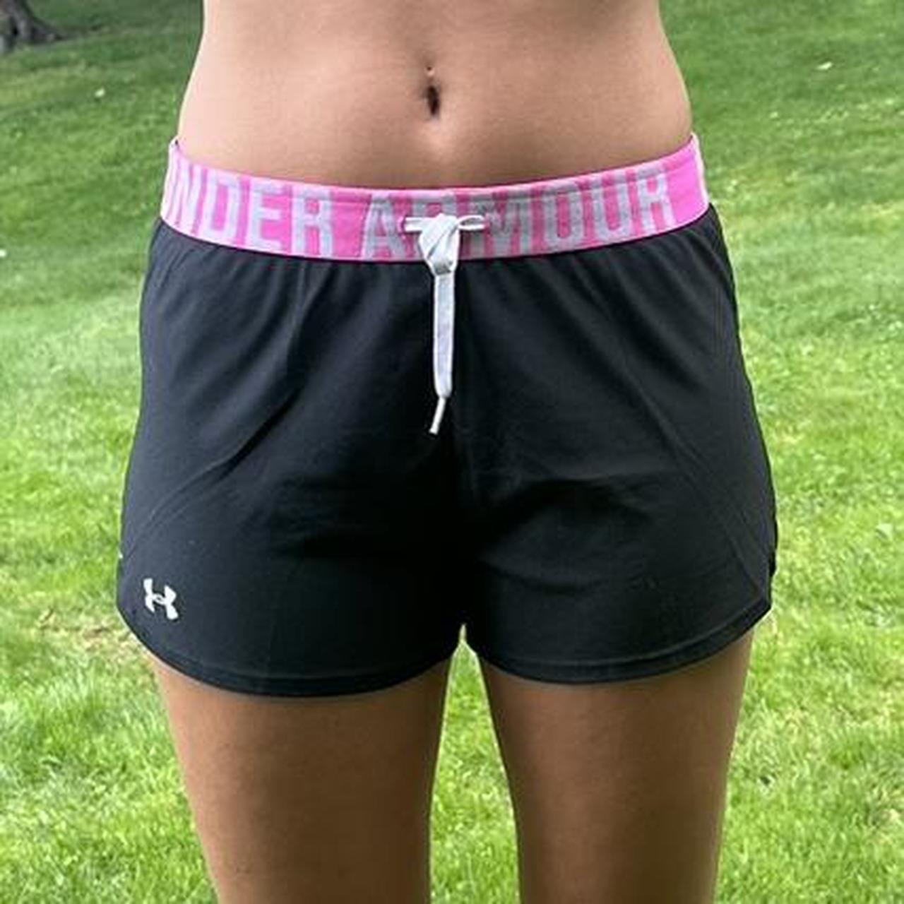 Black under armour spandex shorts with pink waist - Depop