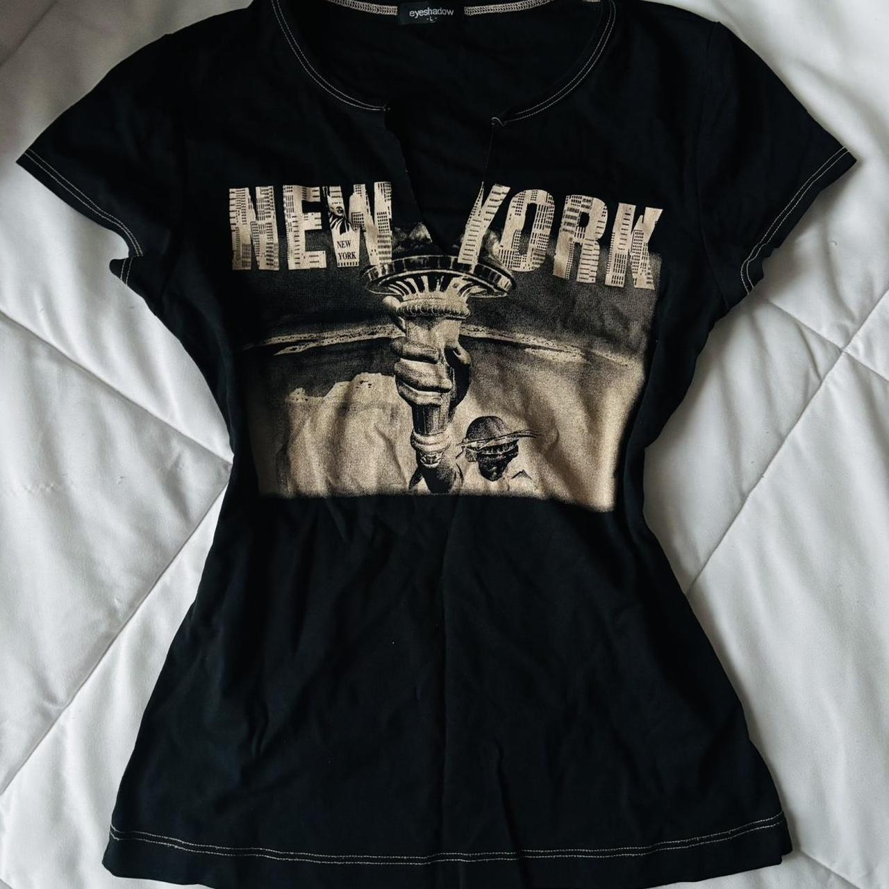 new york y2k baby tee labeled as a large but more... - Depop