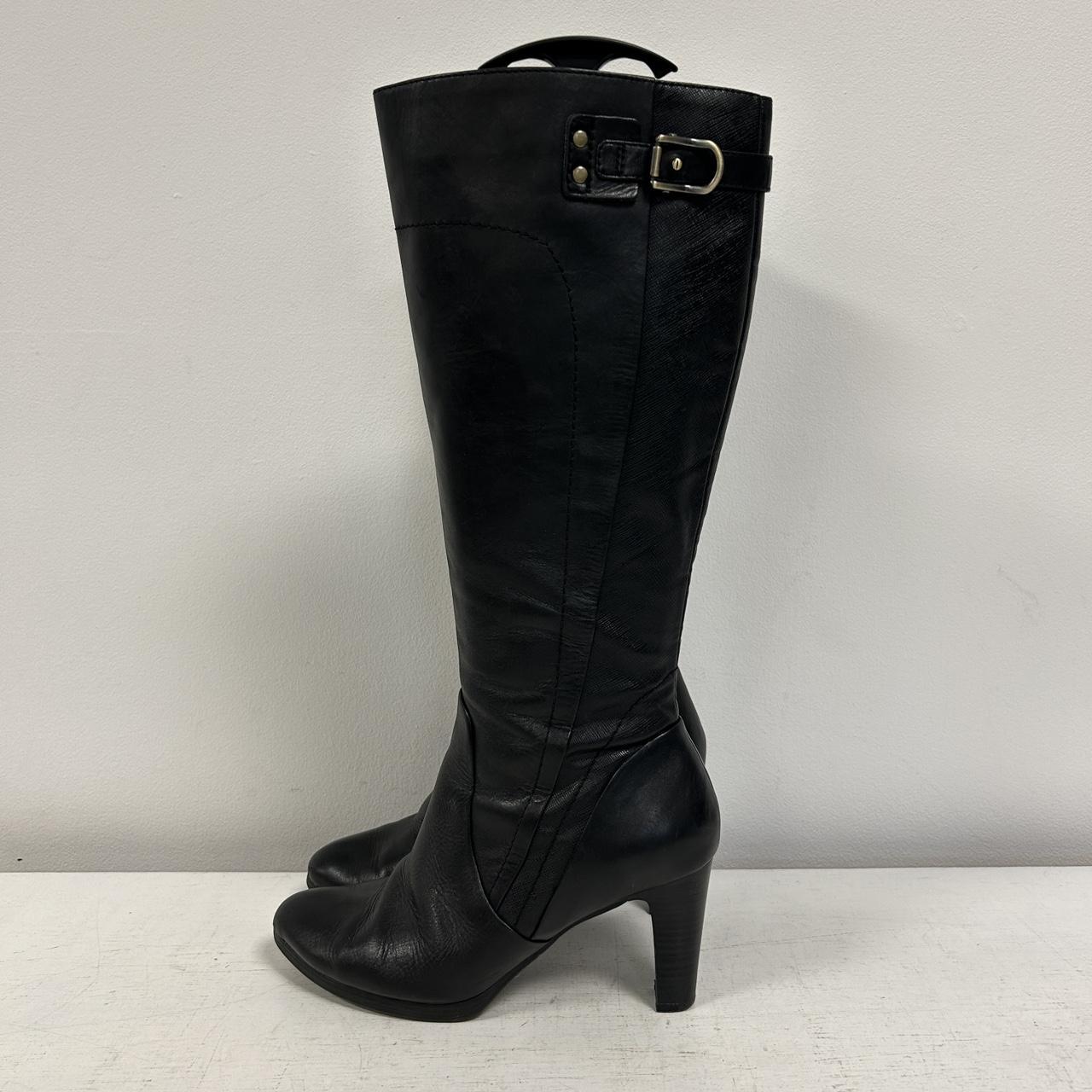 Black knee high heeled boots. Black faux leather.... - Depop