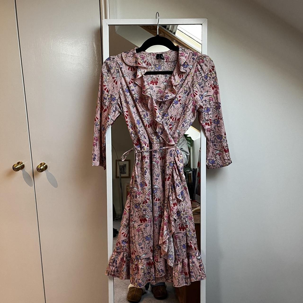 Pink floral wrap dress with frill detail. Gorgeous... - Depop