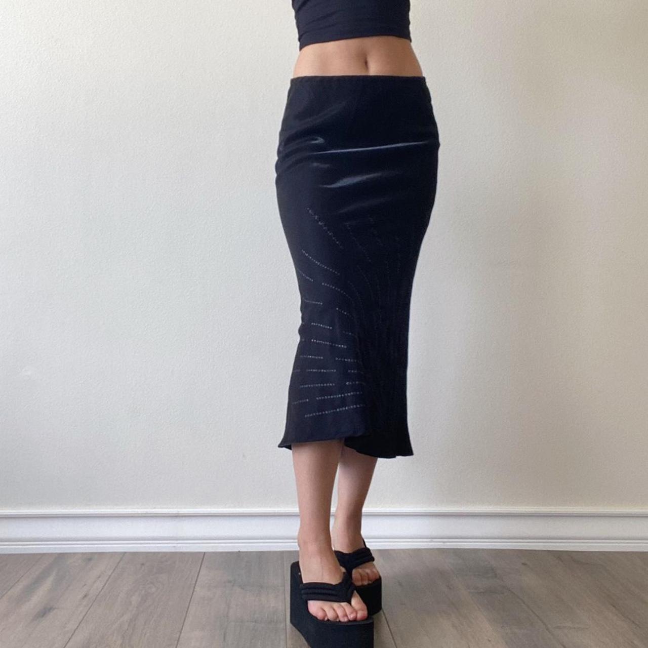 Black satin skirt. Boho satin fitted black midi... - Depop