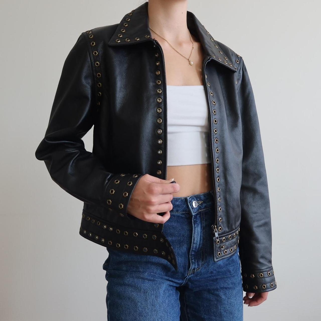 Vintage Black Leather eyeleted style Biker jacket.... - Depop