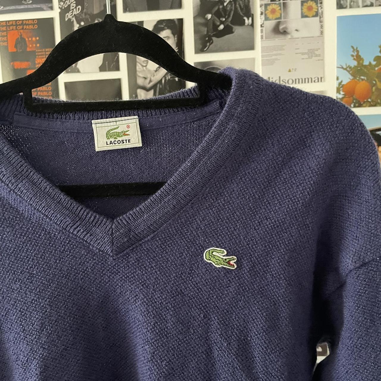 LACOSTE vintage blue/ navy v neck knitted jumper... - Depop