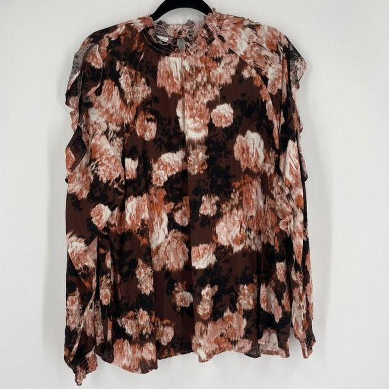 Plus Size Brown Floral Cut Out Sleeve Blouse