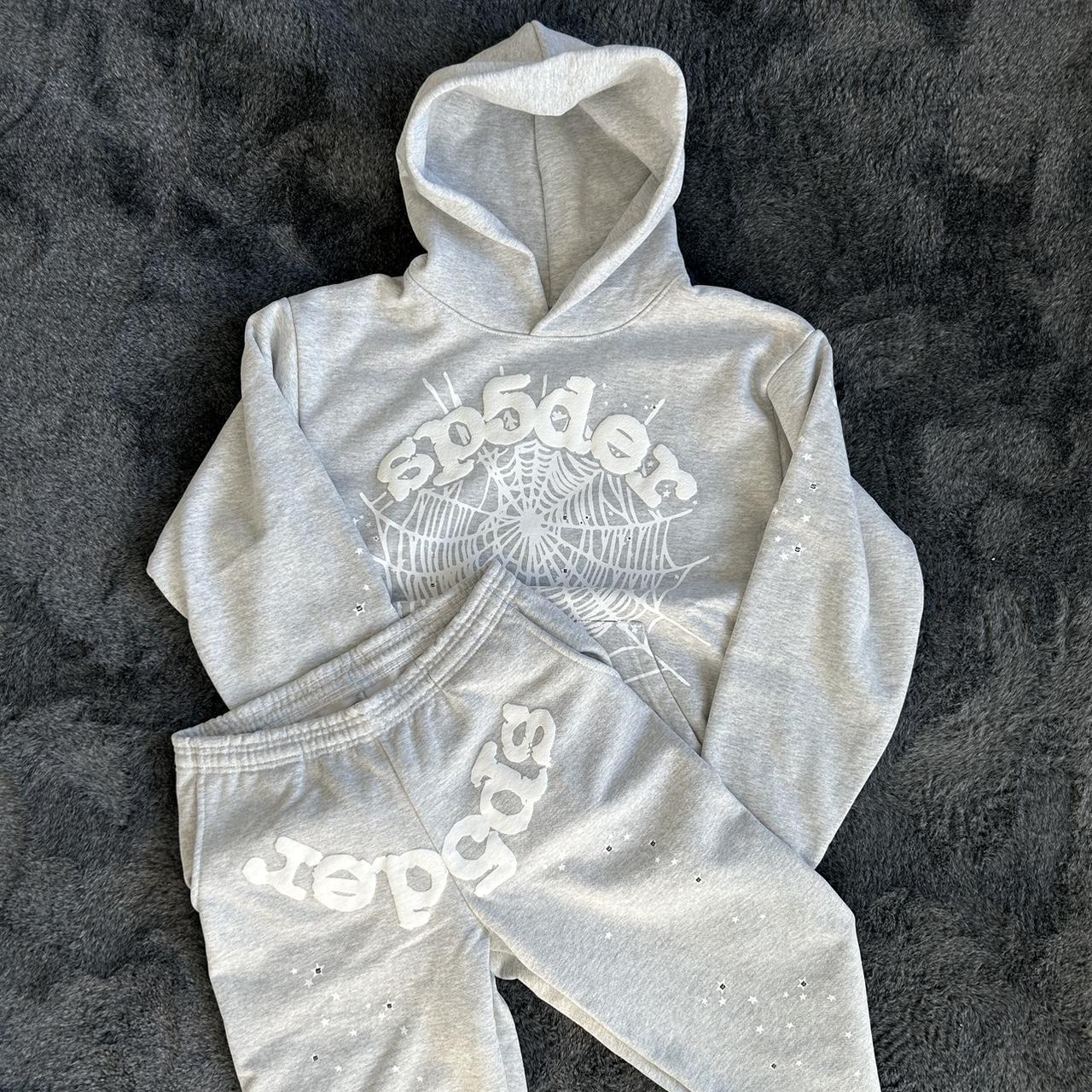 Sp5der Grey and green Hoodie Spider worldwide grey | Depop
