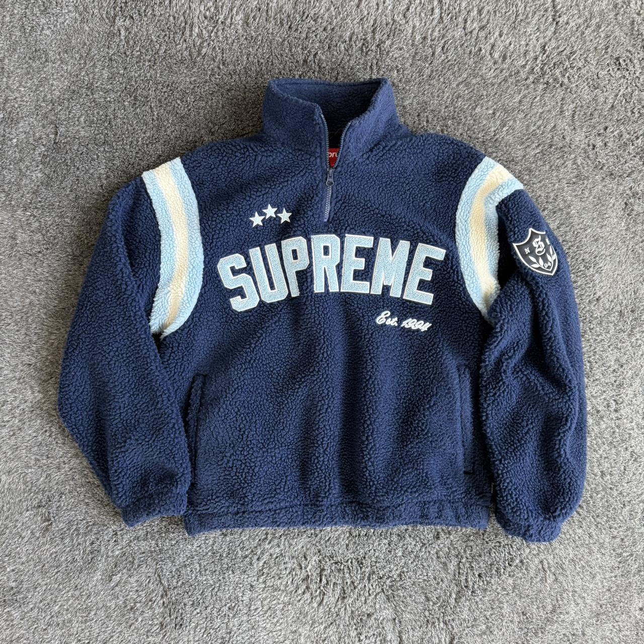 Supreme navy and yellow veritas varsity jacket Size | Depop