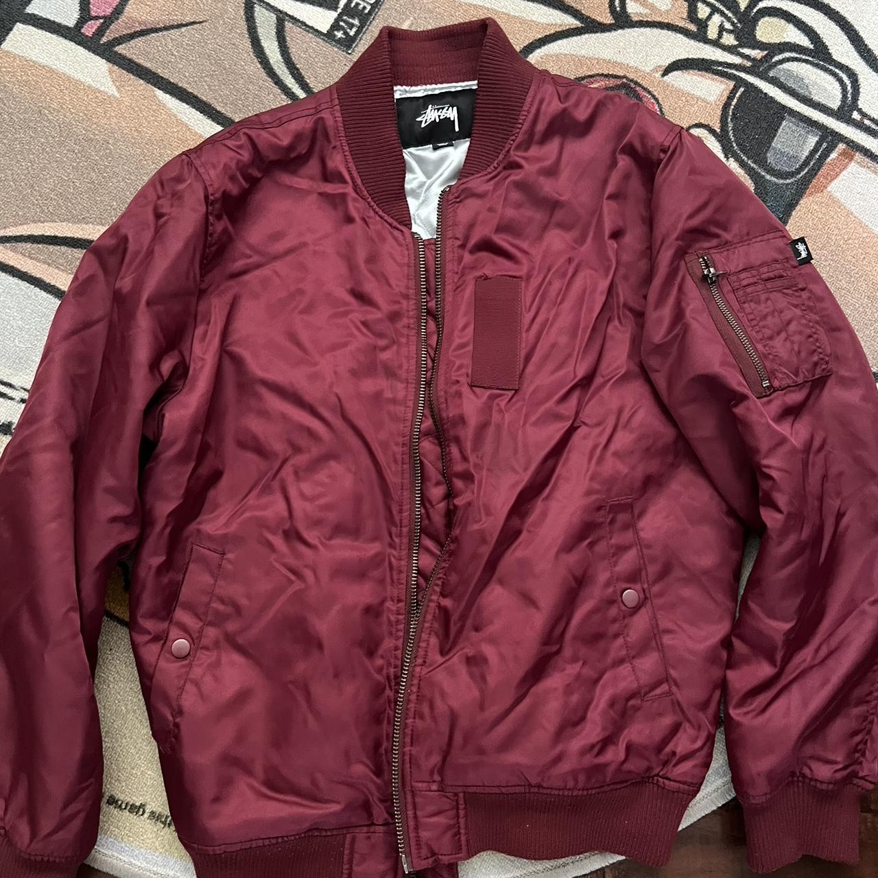 Burgundy and Silver Stussy Bomber Jacket Size M... - Depop