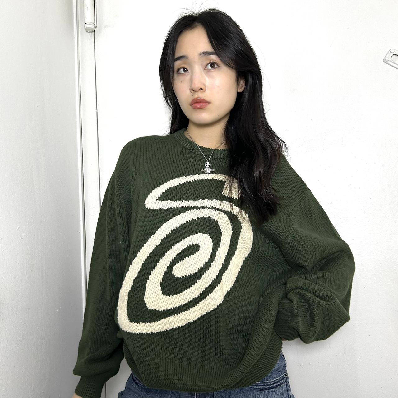 stussy knit sweater the iconic dark green stussy... - Depop