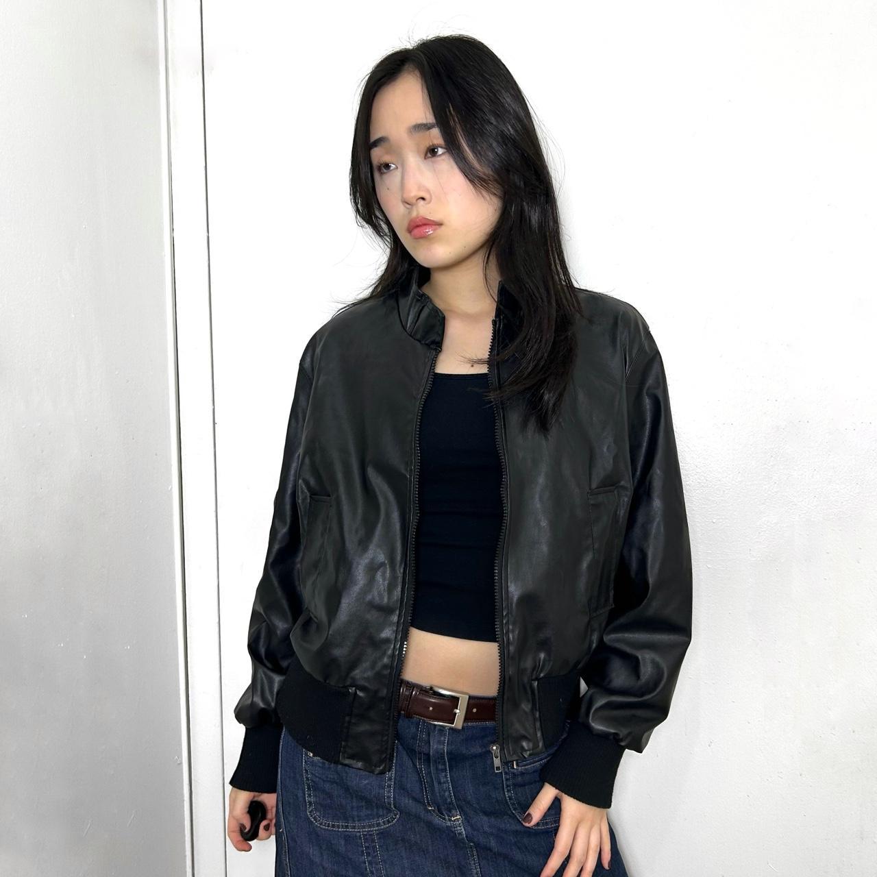 black leather jacket black faux leather collared... - Depop