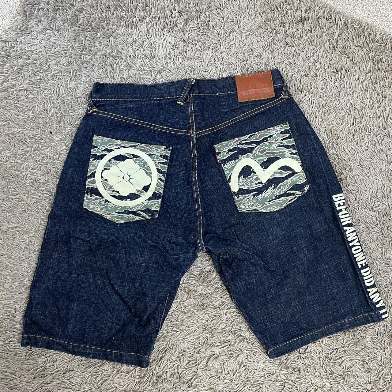 Evisu Men's Navy and Green Shorts | Depop