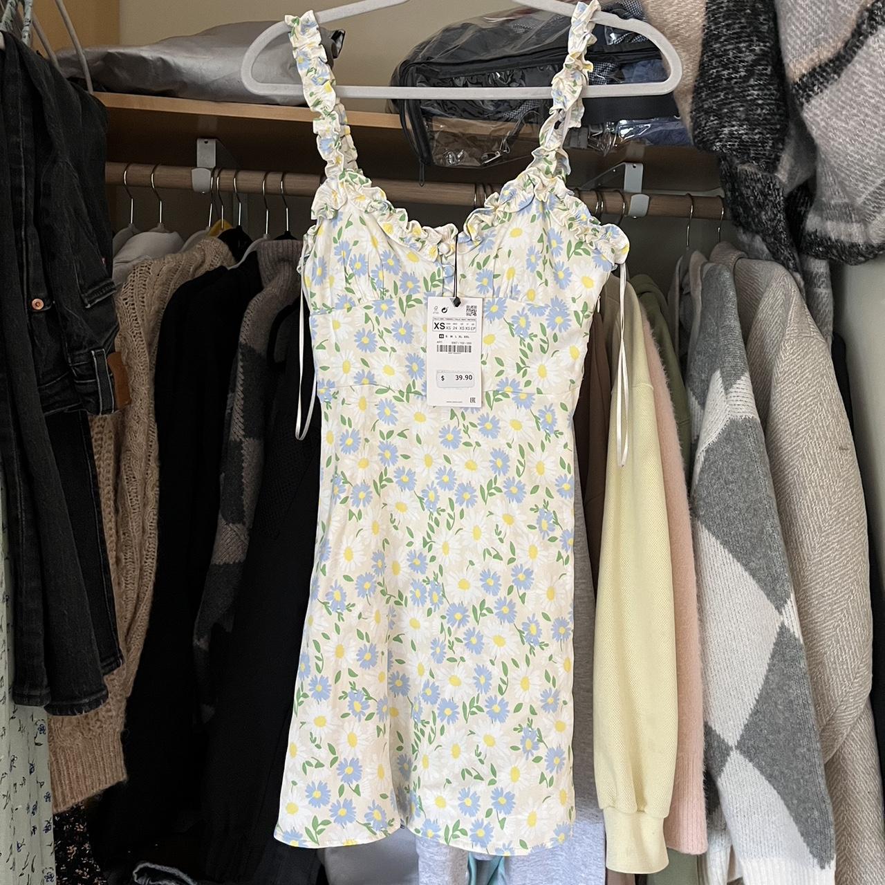 Zara Women's Blue and Yellow Dress Depop