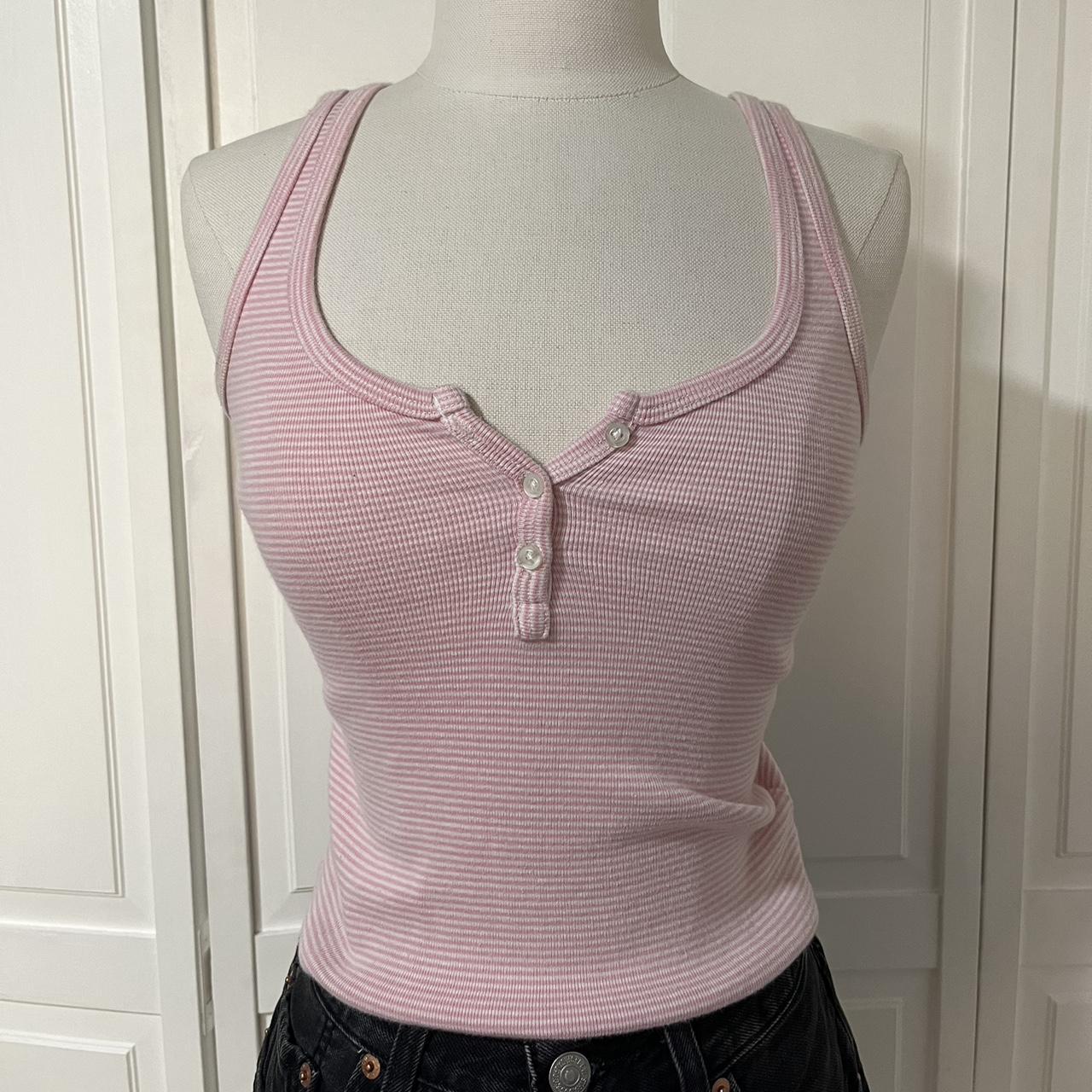 brandy melville pink and white striped button tank!... - Depop