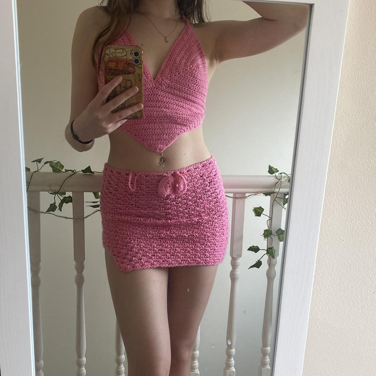 Pink crochet halter and skirt set, will fit 4-8 as... - Depop