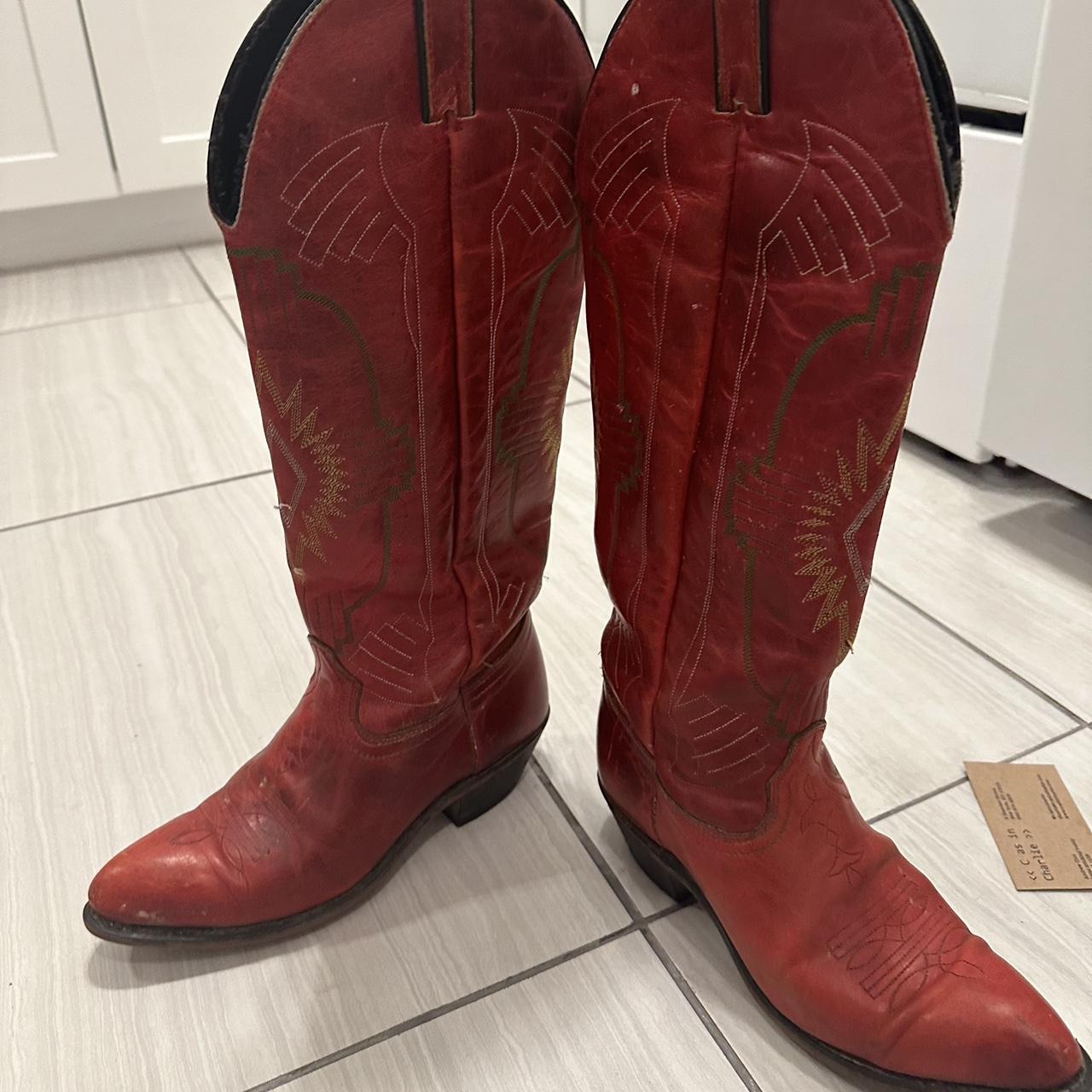 Authentic genuine leather cowboy boots red leather... - Depop