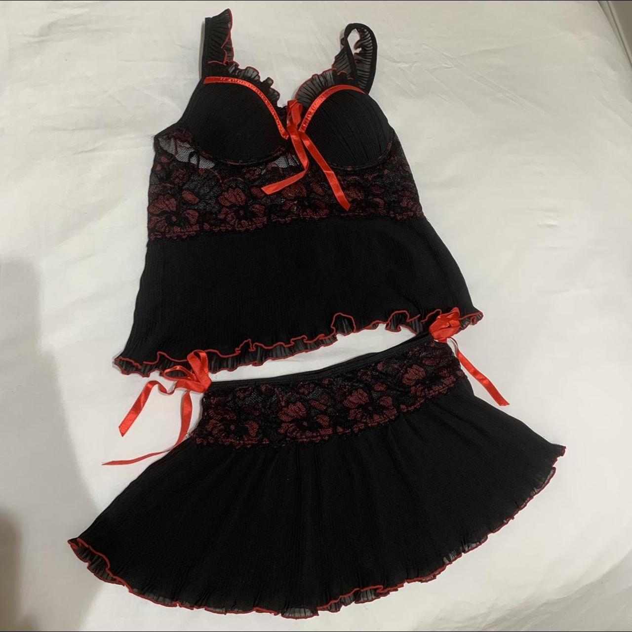 Black sheer mesh cami lingerie set with red lace… - Depop