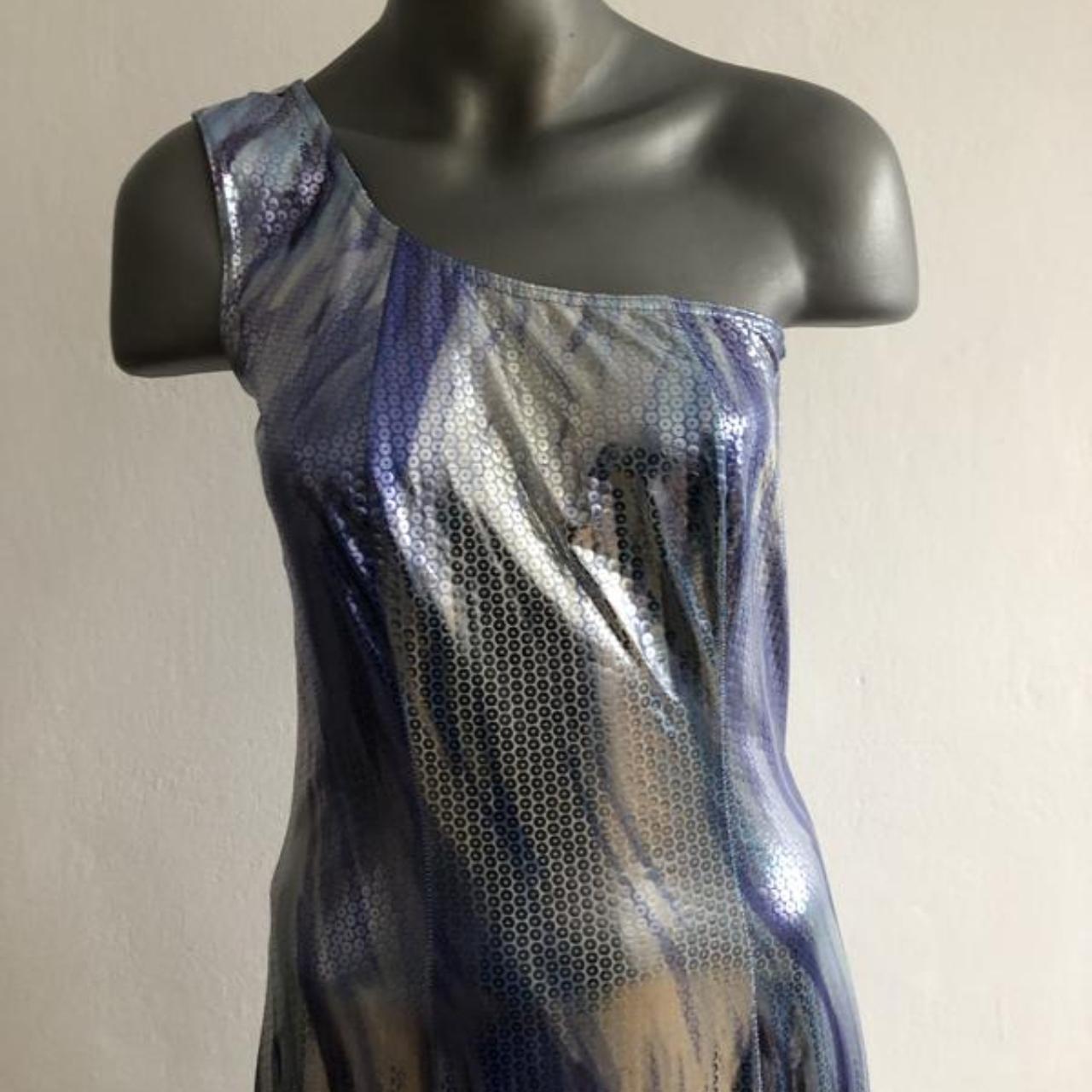 Metallic silver/blue one-shoulder maxi dress with... - Depop