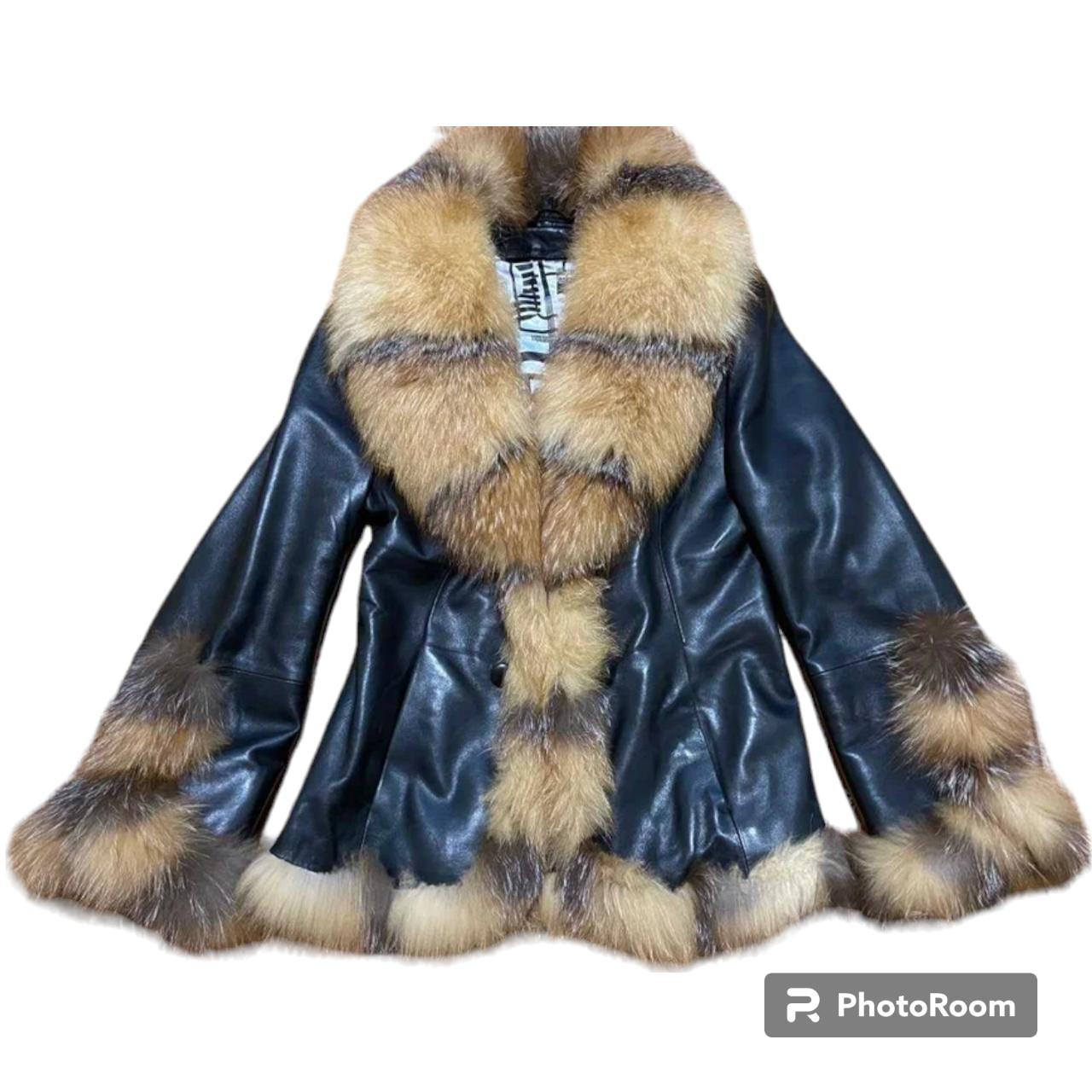 Real fur leather coat sz S real fur and... - Depop