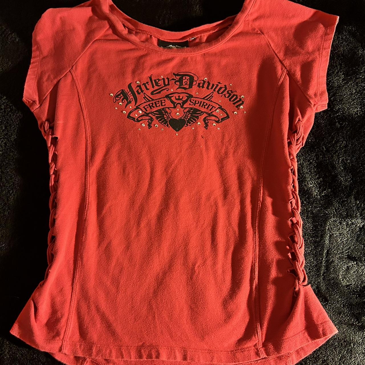 Harley Davidson red top with black glitter wording... - Depop