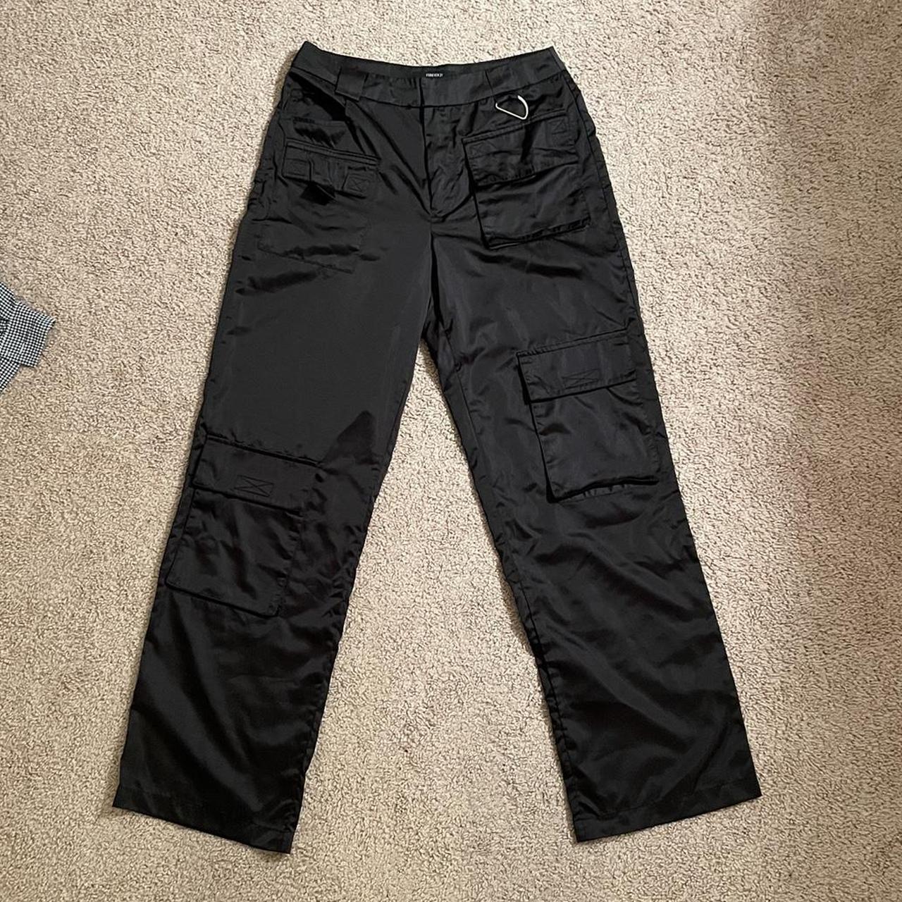 black satin silk baggy cargo pants fits 4-6,... - Depop