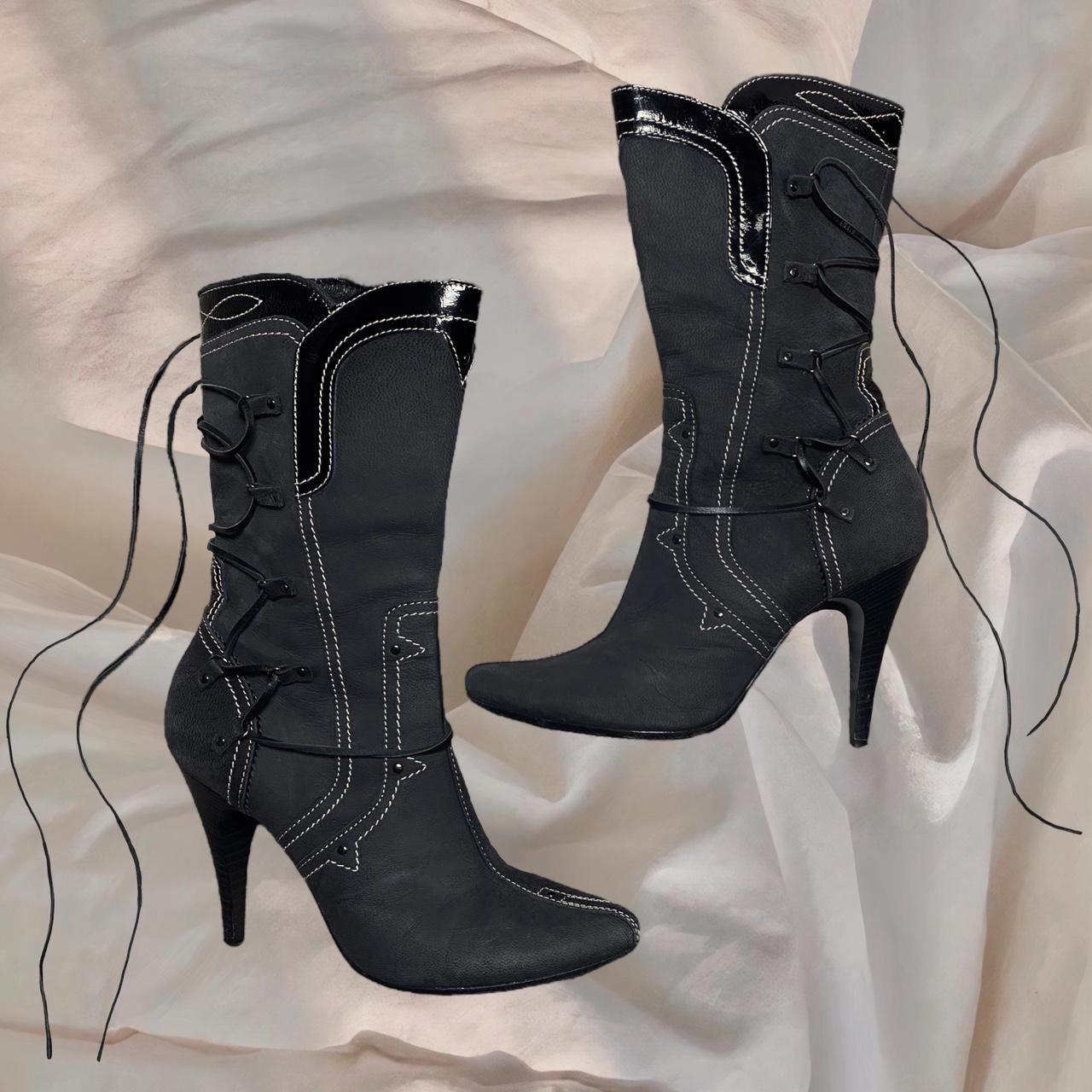 Diesel Lace Up Gray Leather Boots Heels Y2K Grunge | Depop