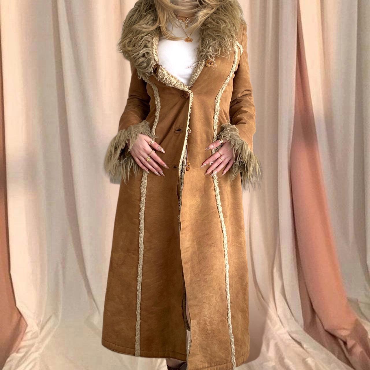 Miss Sixty Brown Long Coat Afghan Faux Fur Trim. Depop