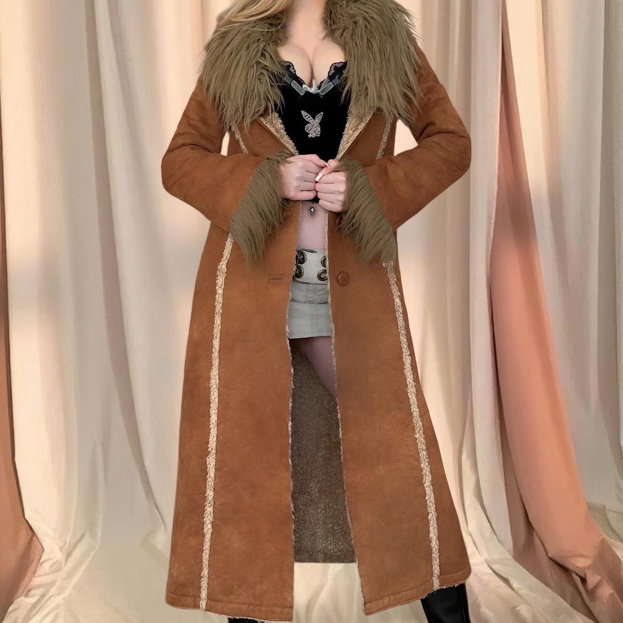 Miss Sixty Brown Long Coat Afghan Faux Fur Trim | Depop