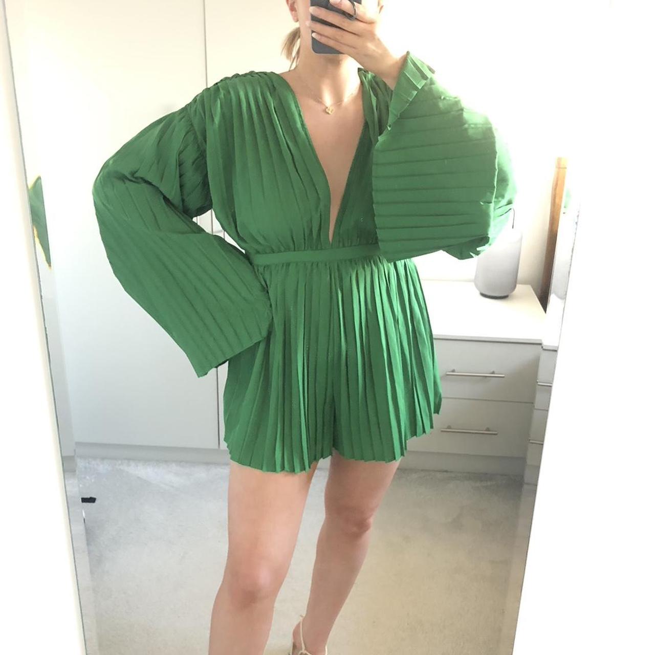 PrettyLittleThing Green plunge pleated playsuit
