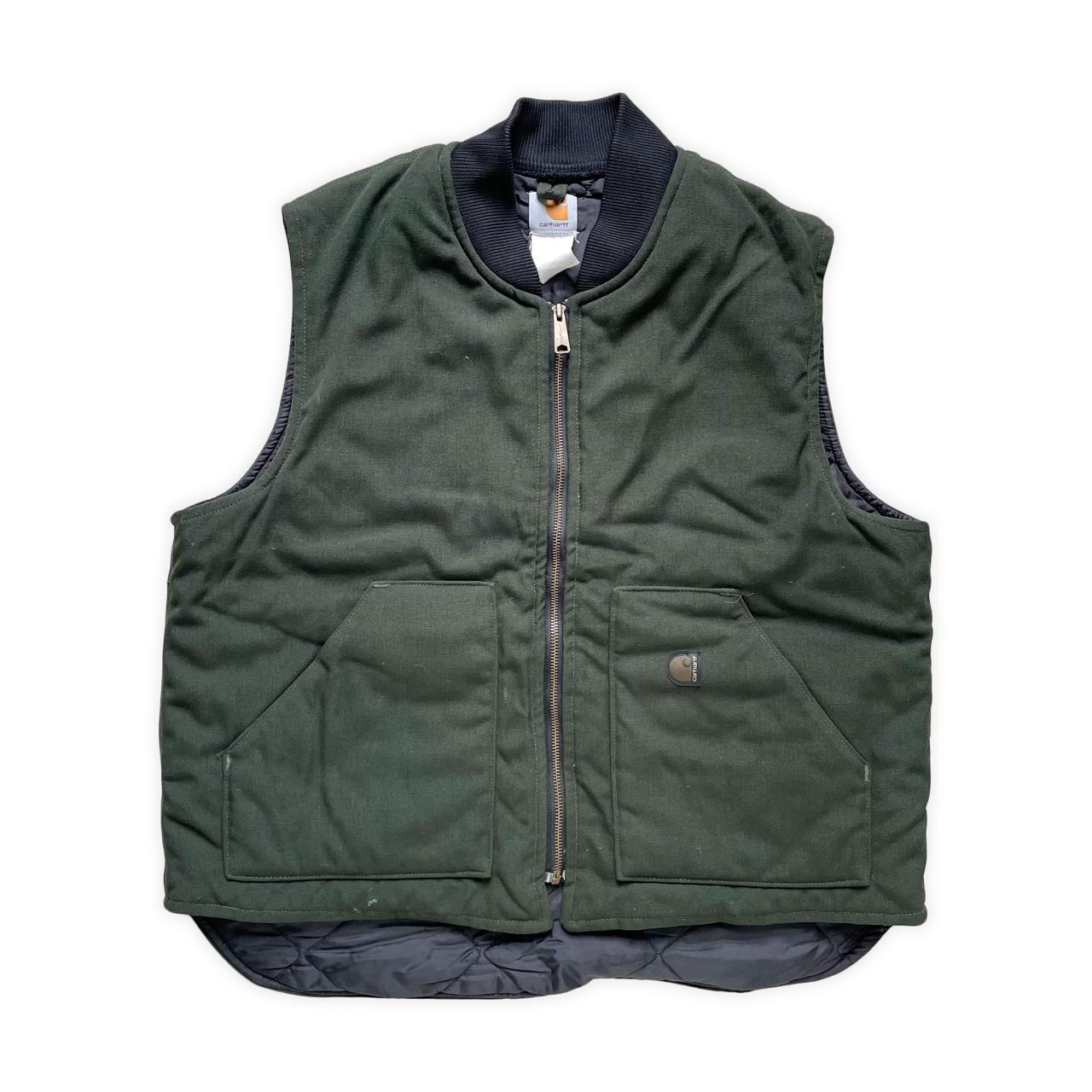 90s carhartt insulated vest forrest green size:... - Depop